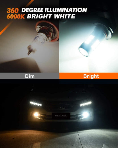 H11/H8/H16 LED Fog Light Bulbs, 6000K Xenon White, 27 SMD Chips, 360-degree Illumination, Non-polarity, Pack of 2