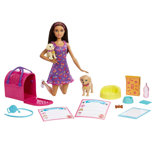 Barbie Doll and Accessories Pup Adoption Playset with Brunette Doll in Purple, 2 Puppies, Color-Change Animal and Pee Pad, Working Carrier and 10 Pieces