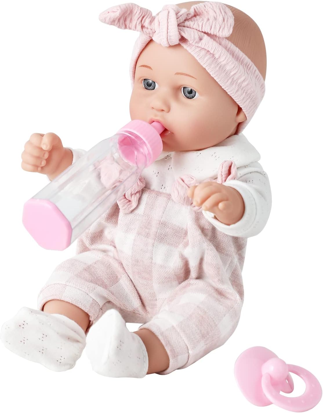 Enjoyin 12'' Baby Doll in Gift Box with Pink Cloths, Pacifier, 13''x13'' Microfabric Blanket, and Feeding Bottle. Gift Idea for Ages 3+