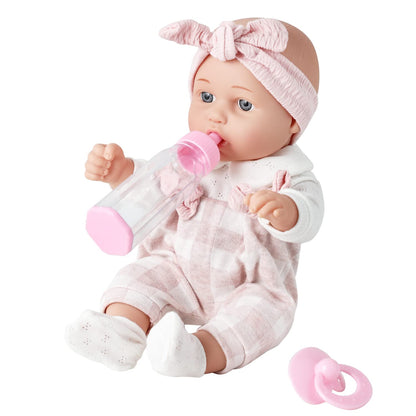 Enjoyin 12'' Baby Doll in Gift Box with Pink Cloths, Pacifier, 13''x13'' Microfabric Blanket, and Feeding Bottle. Gift Idea for Ages 3+