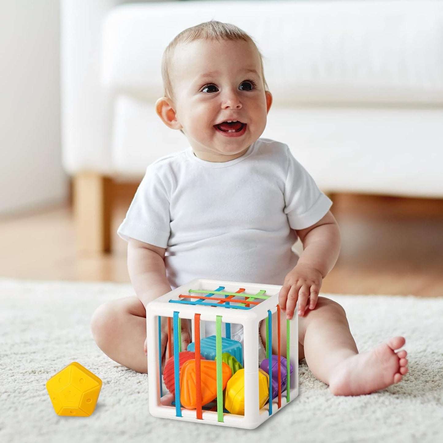 Aprilwolf Montessori Toys for 1 Year Old, Cube Bin & 6 Sensory Shape Blocks, Baby Toys 12-18 Months, Developmental Infant Birthday Gifts for Learning Toddler Age 1 2 3