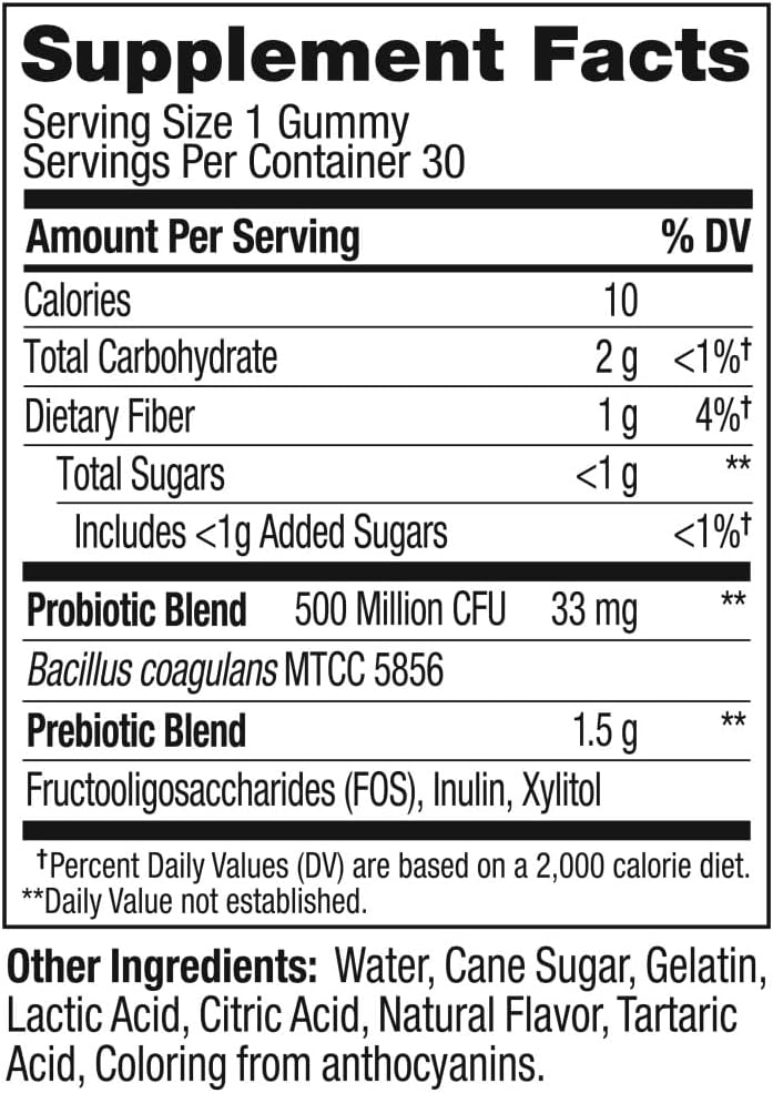 OLLY Probiotic + Prebiotic Gummy, Digestive Support and Gut Health, 500 Million CFUs, Fiber, Adult Chewable Supplement for Men and Women, Peach, 30 Day Supply - 30 Count