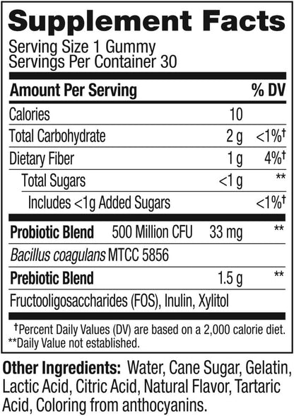 OLLY Probiotic + Prebiotic Gummy, Digestive Support and Gut Health, 500 Million CFUs, Fiber, Adult Chewable Supplement for Men and Women, Peach, 30 Day Supply - 30 Count