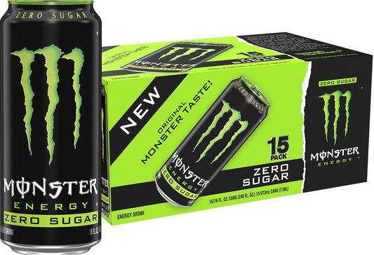 Monster Energy Zero Sugar, Green, Original, Low Calorie Energy Drink, 16 Fl Oz (Pack of 15)