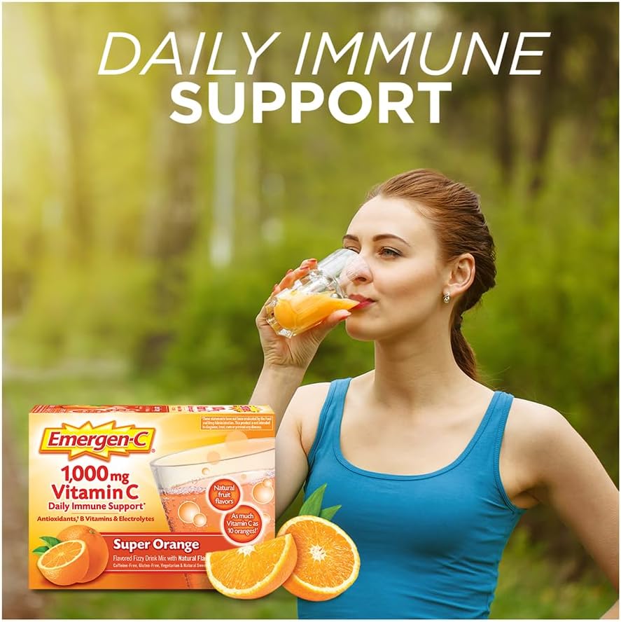 Emergen-C 1000mg Vitamin C Powder for Daily Immune Support Caffeine Free Vitamin C Supplements with Zinc and Manganese, B Vitamins and Electrolytes, Super Orange Flavor - 30 Count