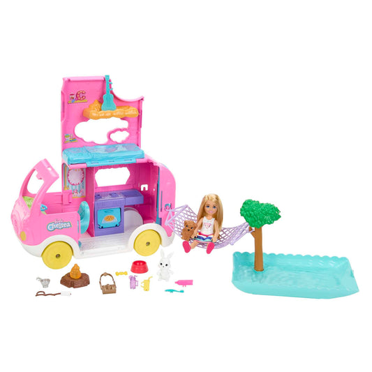 Barbie Camper, Chelsea 2-in-1 Playset with Small Doll, 2 Pets & 15 Accessories, Vehicle Transforms into Camp Site (Amazon Exclusive)