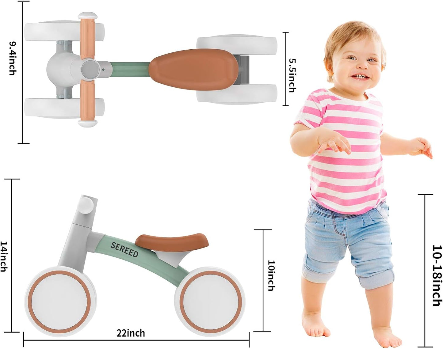 SEREED Baby Balance Bike for 1 Year Old Boys Girls 12-24 Month Toddler Balance Bike, 4 Wheels Toddler First Bike, First Birthday Gifts (Green)