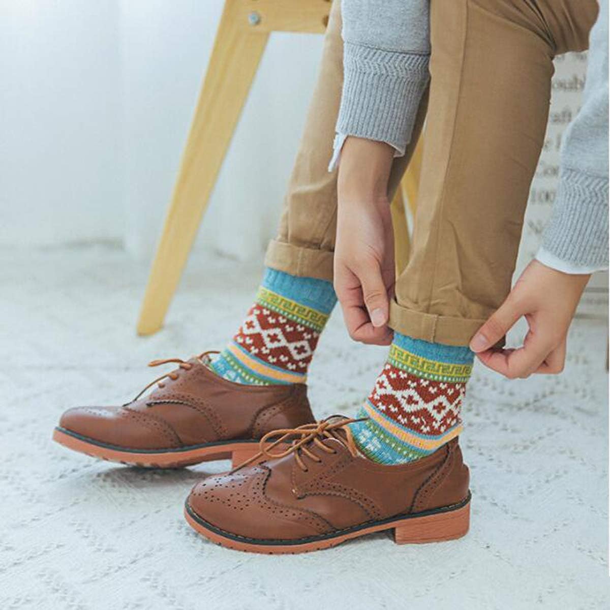 YZKKE 5Pack Womens Vintage Winter Soft Warm Thick Cold Knit Wool Crew Socks, Multicolor, free size
