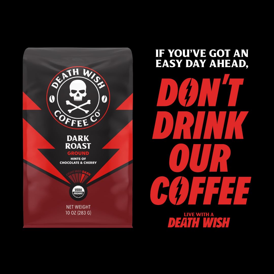 Death Wish Coffee, Organic and Fair Trade Dark Roast Ground Coffee, 16 oz