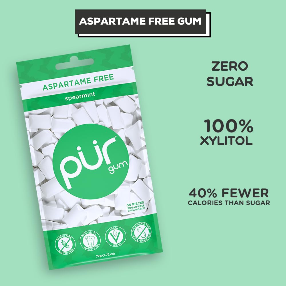 PUR Gum | Aspartame Free Chewing Gum | 100% Xylitol | Natural Spearmint Flavored Gum, 55 Pieces (Pack of 1)