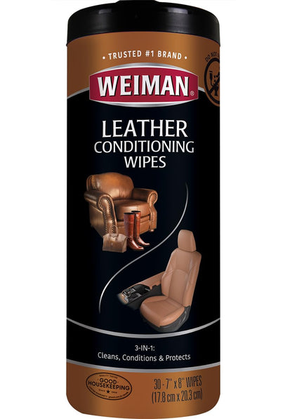 Weiman Leather Cleaner & Conditioner Wipes With UV Protection, Prevent Cracking Or Fading Of Leather Couches, Car Seats, Shoes, Purses - 30 ct