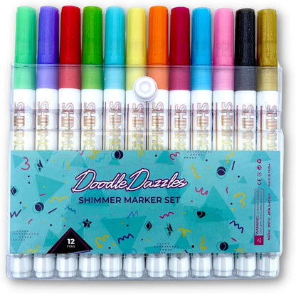 DoodleDazzles Shimmer Markers Set - Double Line Outliner Marker - Metallic Pens - Gifts for Girls, Boys, Kids, Women, etc. - School Supplies Great For Drawing, Christmas, DIY, Craft, & more - 12 count