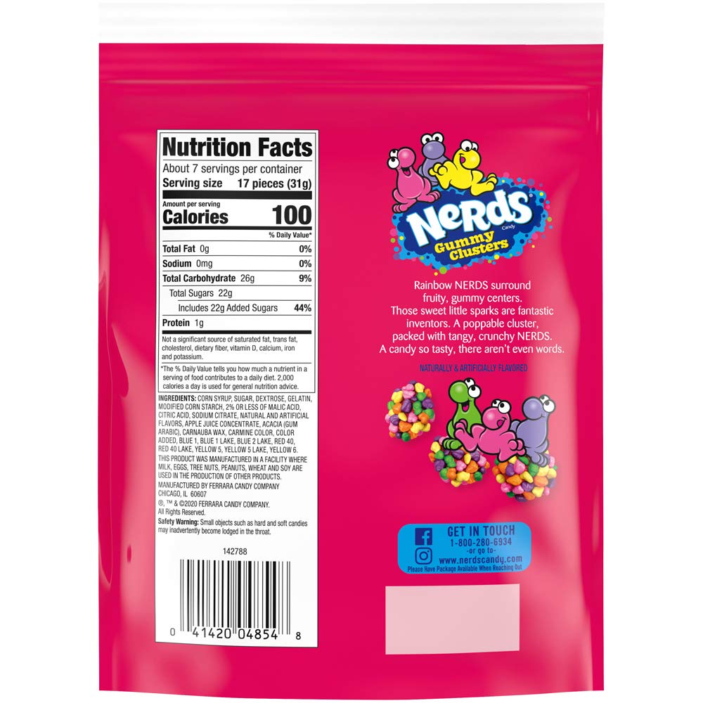 Nerds Gummy Clusters Candy, Rainbow, Resealable 8 Ounce Bag.