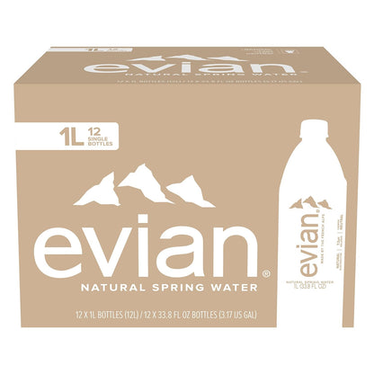 evian Natural Spring Water, Naturally Filtered Spring Water in Large Bottles, 33.81 Fl Oz (Pack of 12)