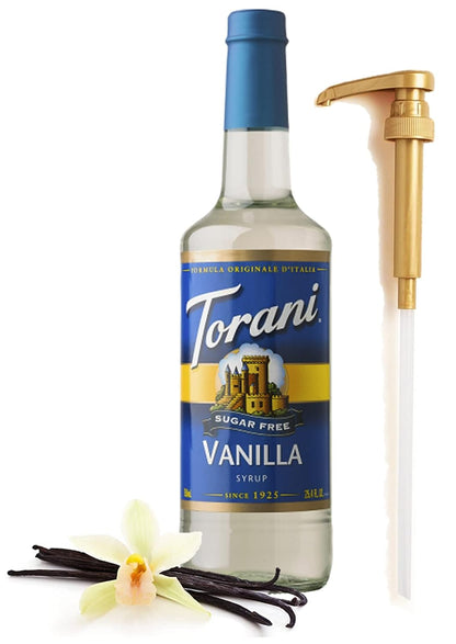 Torani Sugar Free Vanilla Syrup for Coffee 25.4 Ounces for Vanilla Flavored Syrup with Fresh Finest Syrup Pump Dispenser