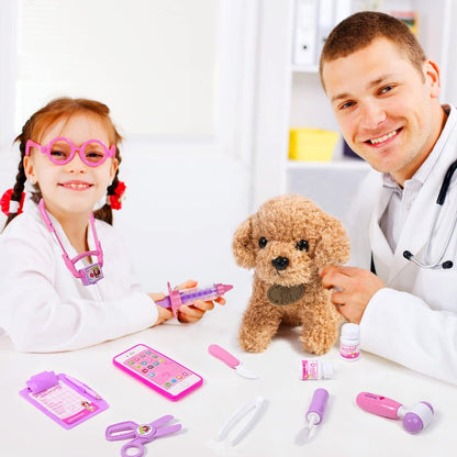 Meland Toy Doctor Kit for Girls - Pretend Play Doctor Set with Dog Toy, Carrying Bag, Stethoscope Toy & Dress Up Costume - Doctor Play Gift for Kids Toddlers Ages 3 4 5 6 Year Old for Role Play