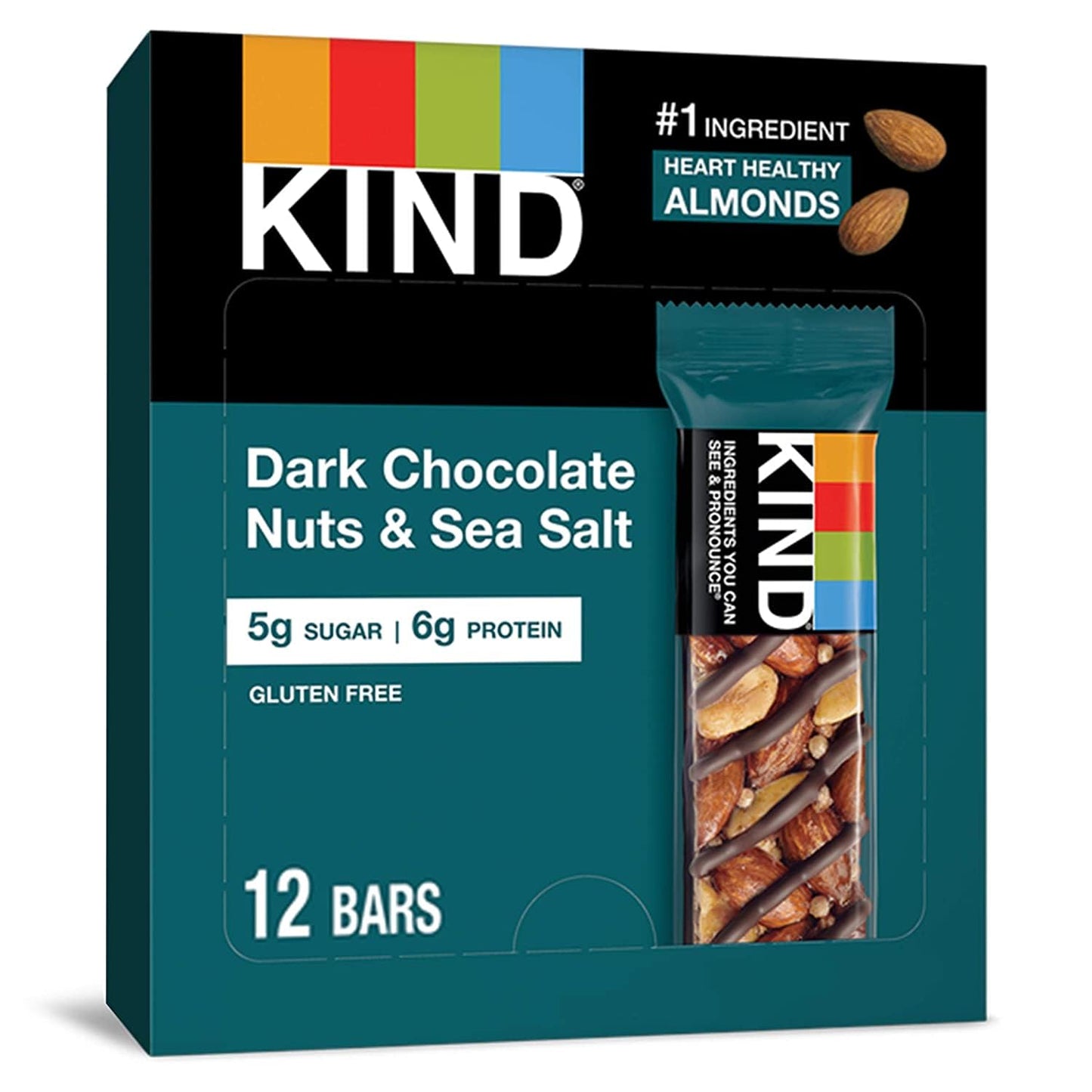 KIND Bars, Dark Chocolate Nuts and Sea Salt, Healthy Snacks, Gluten Free, Low Sugar, 6g Protein, 12 Count