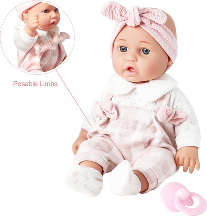 Enjoyin 12'' Baby Doll in Gift Box with Pink Cloths, Pacifier, 13''x13'' Microfabric Blanket, and Feeding Bottle. Gift Idea for Ages 3+