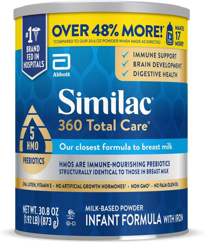 Similac 360 Total Care Infant Formula with 5 HMO Prebiotics, Our Closest Formula to Breast Milk, Non-GMO, Baby Formula Powder, 30.8-oz Can