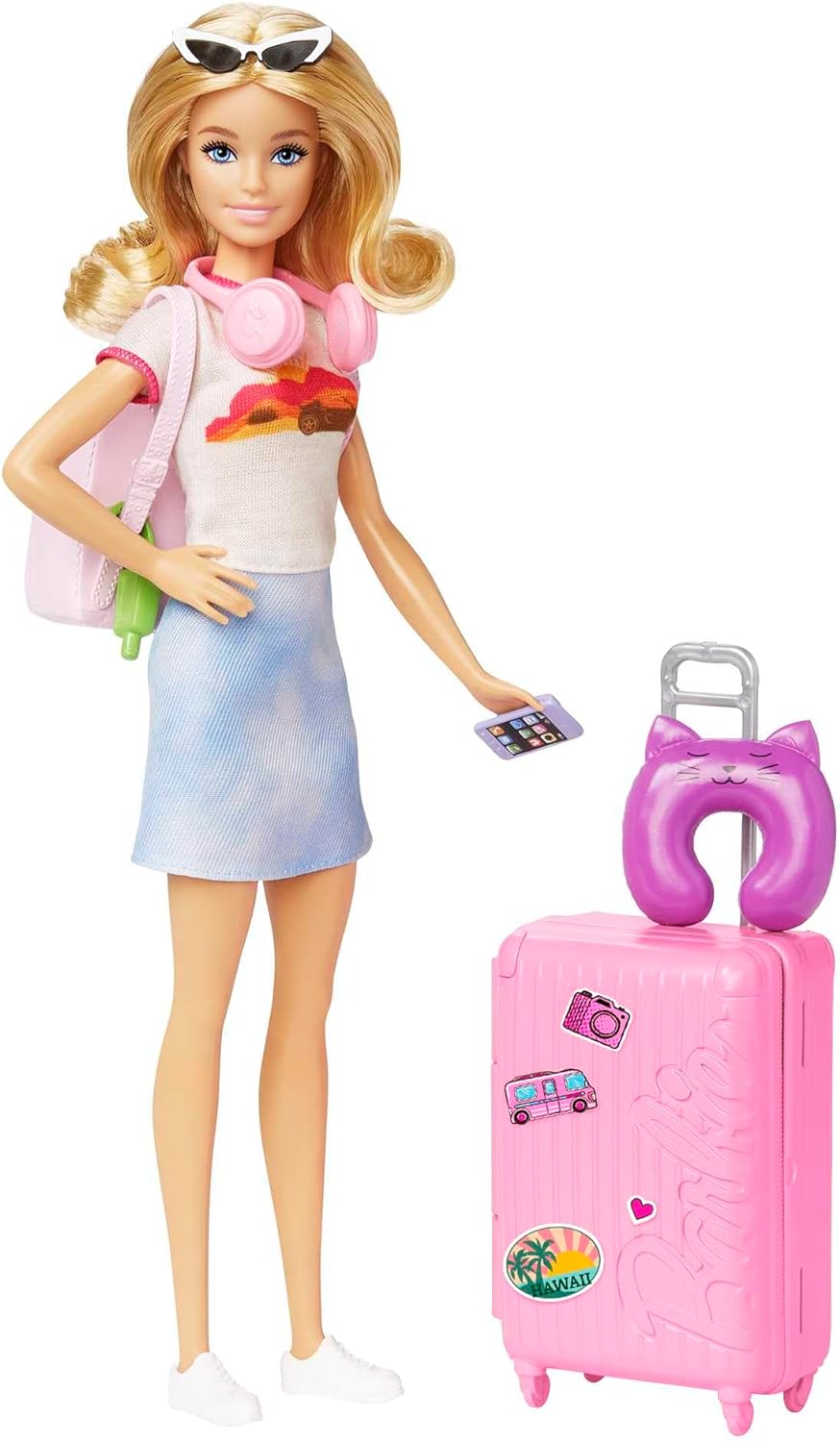 Barbie Doll and Accessories, “Malibu” Travel Set with Puppy and 10+ Pieces Including Working Suitcase