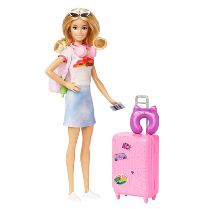 Barbie Doll and Accessories, “Malibu” Travel Set with Puppy and 10+ Pieces Including Working Suitcase