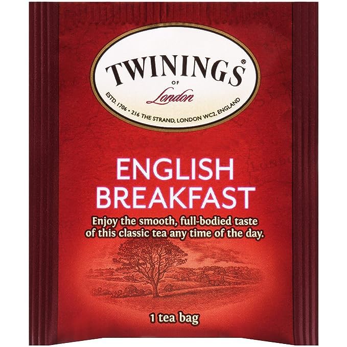 Twinings English Breakfast Black Tea, 100 Individually Wrapped Tea Bags, Smooth, Flavourful, Robust, Caffeinated