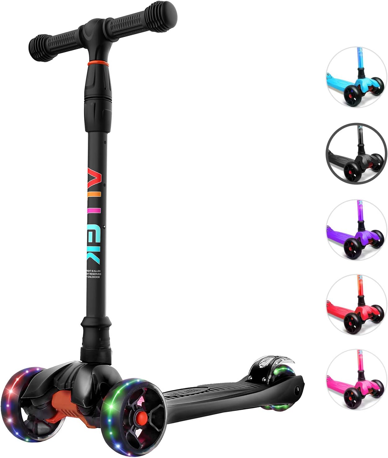 Allek Kick Scooter B02, Lean 'N Glide Scooter with Extra Wide PU Light-Up Wheels and 4 Adjustable Heights for Children from 3-12yrs (Black)