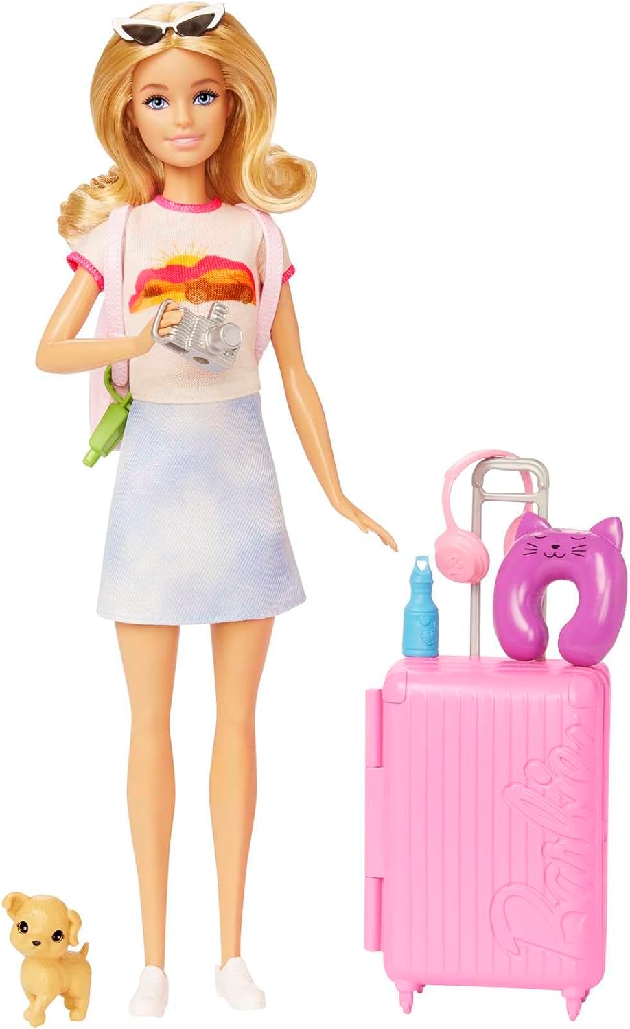 Barbie Doll and Accessories, “Malibu” Travel Set with Puppy and 10+ Pieces Including Working Suitcase