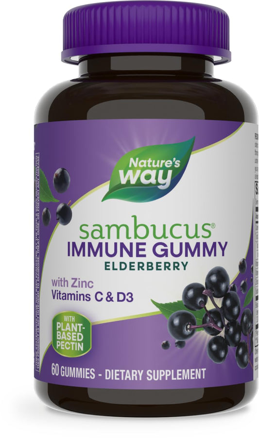 Nature's Way Sambucus Elderberry Immune Gummies, Daily Immune Support for Kids and Adults*, with Vitamin C, Vitamin D3, Zinc, Gluten Free, Vegetarian, 60 Gummies (Packaging May Vary)