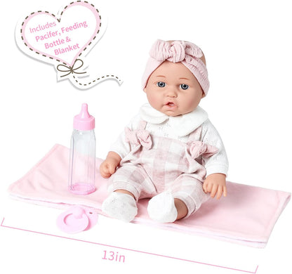 Enjoyin 12'' Baby Doll in Gift Box with Pink Cloths, Pacifier, 13''x13'' Microfabric Blanket, and Feeding Bottle. Gift Idea for Ages 3+