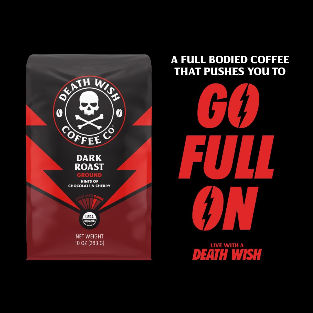 Death Wish Coffee, Organic and Fair Trade Dark Roast Ground Coffee, 16 oz