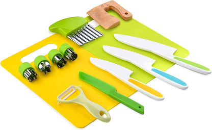 Yeeammk 13 Pieces Montessori Kitchen tools for Toddlers-Kids Cooking sets Real-Toddler Safe Knives Set for Real Cooking with Plastic Toddler Safe Knives Crinkle Cutter Kids Cutting Board