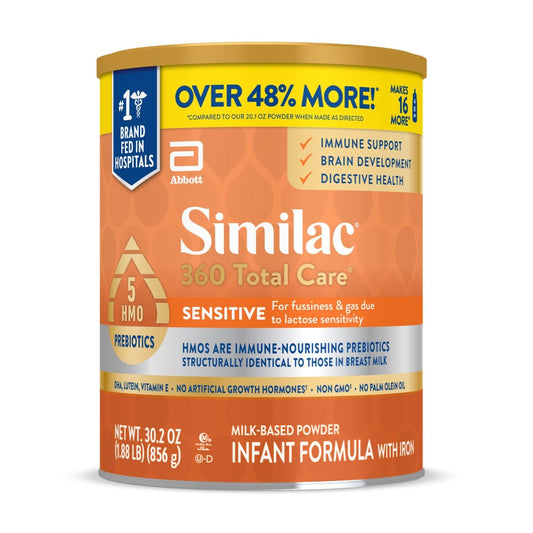 Similac 360 Total Care Sensitive Infant Formula, with 5 HMO Prebiotics, for Fussiness & Gas Due to Lactose Sensitivity, Non-GMO, Baby Formula Powder, 30.2-oz Can (Pack of 1)