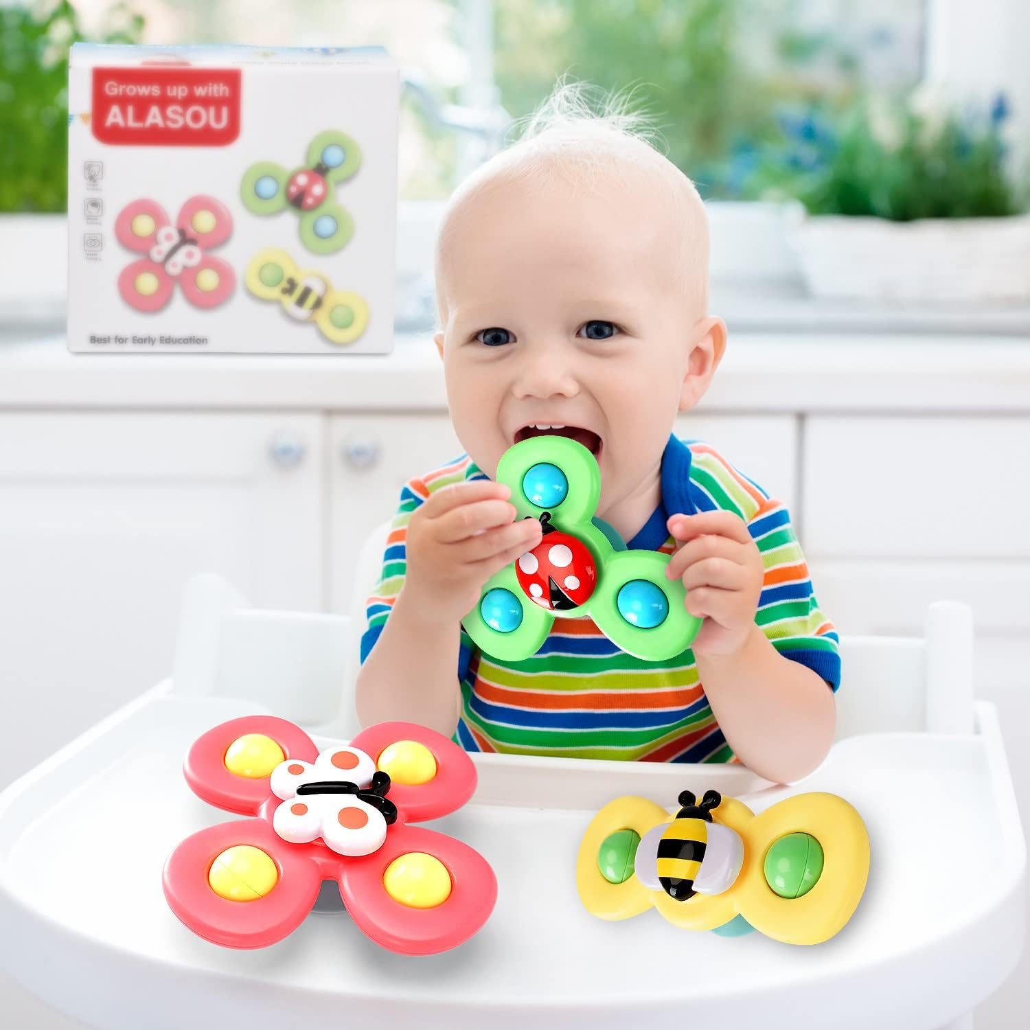 3PCS ALASOU Suction Cup Spinner Toys for Baby Christmas Stocking Stuffers Gifts|Novelty Spinning Tops Bath Toys for Kids Ages 1-3|Sensory Toys for Toddlers 1-3 Year Old Boy Birthday Gift