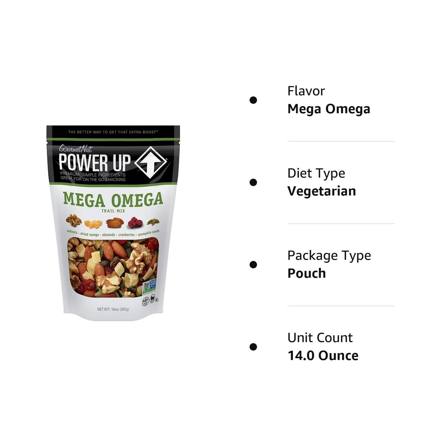 Power Up Premium Trail Mix - Mega Omega Trail Mix 14oz, Gluten Free, Vegan, Non-GMO