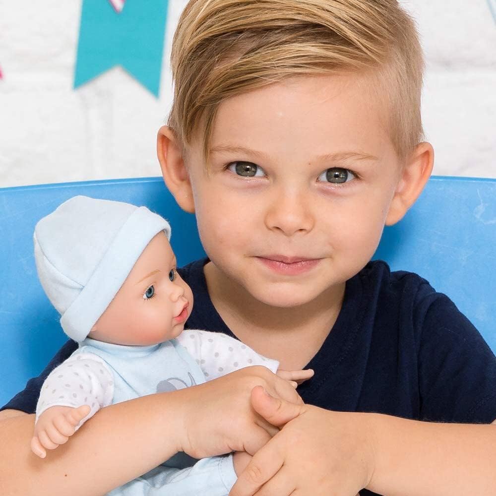 ADORA Soft & Cuddly Sweet Baby Boy Peanut, Amazon Exclusive 11” Adorable Baby Boy Doll with Bright Blue Eyes and Blonde Paint Hair, Includes Baby Doll Bottle, Onesie and a Blue Cap