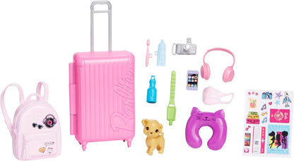 Barbie Doll and Accessories, “Malibu” Travel Set with Puppy and 10+ Pieces Including Working Suitcase