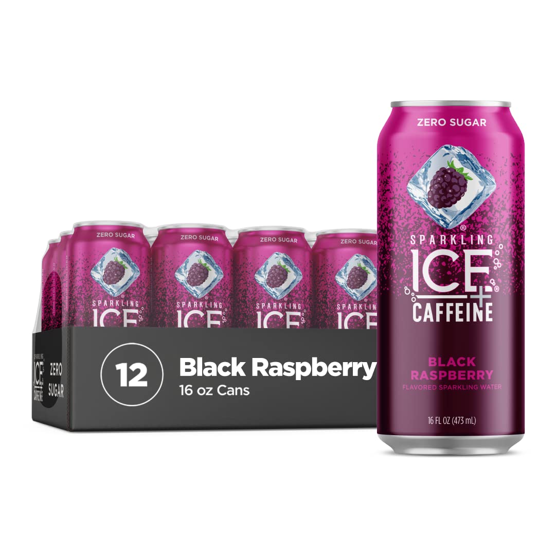 Sparkling Ice +Caffeine Black Raspberry Sparkling Water, with Antioxidants and Vitamins, Zero Sugar, 16 fl oz Cans (Pack of 12)