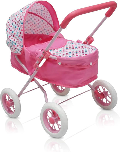 KOOKAMUNGA KIDS Baby Doll Stroller - Realistic 2 in 1 Baby Stroller for Dolls w/Detachable Bassinet – Toy Pram w/Carry Cot, Retractable Canopy & Soft Grip Handle - for Dolls up to 18" - Pink