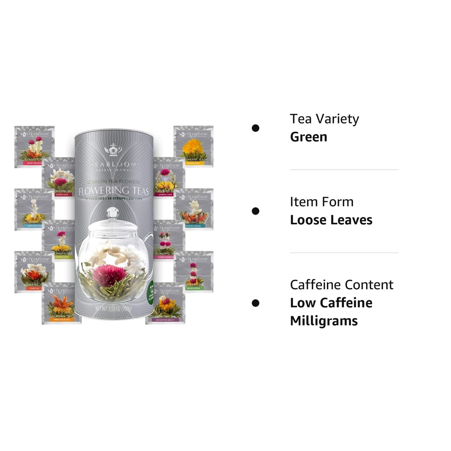 Teabloom Flowering Tea - 12 Unique Varieties of Fresh Blooming Tea Flowers - Hand-Tied Natural Green Tea Leaves & Edible Flowers - 12-Pack Gift Canister - 36 Steeps, Makes 250 Cups