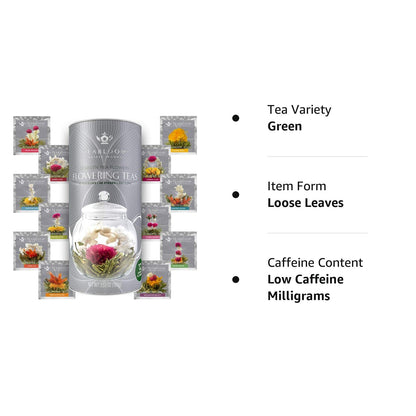 Teabloom Flowering Tea - 12 Unique Varieties of Fresh Blooming Tea Flowers - Hand-Tied Natural Green Tea Leaves & Edible Flowers - 12-Pack Gift Canister - 36 Steeps, Makes 250 Cups