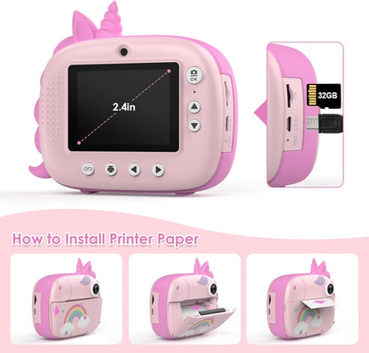 HiMont Camera Instant Print, Digital Camera for Kids with Zero Ink Print Paper & 32G TF Card, Selfie Video Camera with Color Pens & Photo Clips for DIY, Gift for Girls Boys 3-12 Years Old (Pink)