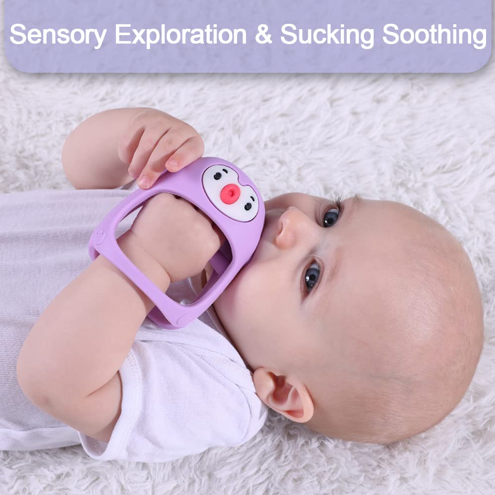 Smily Mia Penguin Buddy Never Drop Silicone Teething Toy for Babies 0-6month, Pacifiers/Soothers for Breast Feeding, Teething Mittens, Chew Toys, Light Purple