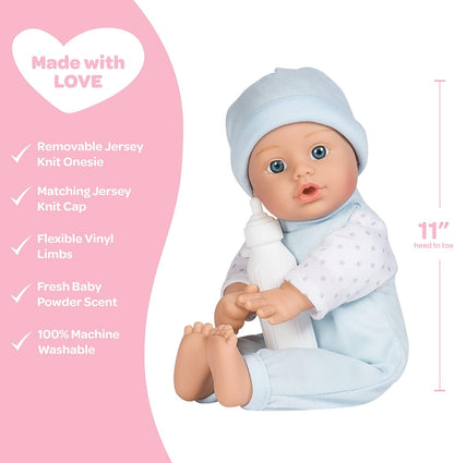 ADORA Soft & Cuddly Sweet Baby Boy Peanut, Amazon Exclusive 11” Adorable Baby Boy Doll with Bright Blue Eyes and Blonde Paint Hair, Includes Baby Doll Bottle, Onesie and a Blue Cap