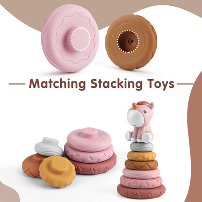 Nueplay 7 Pcs Stacking & Nesting Baby Toys, Squeeze Teething Baby Toys and Building Circle with Pink Horse Figure, Newborn Essentials for 6 12 18 Months Baby Toddler Girls