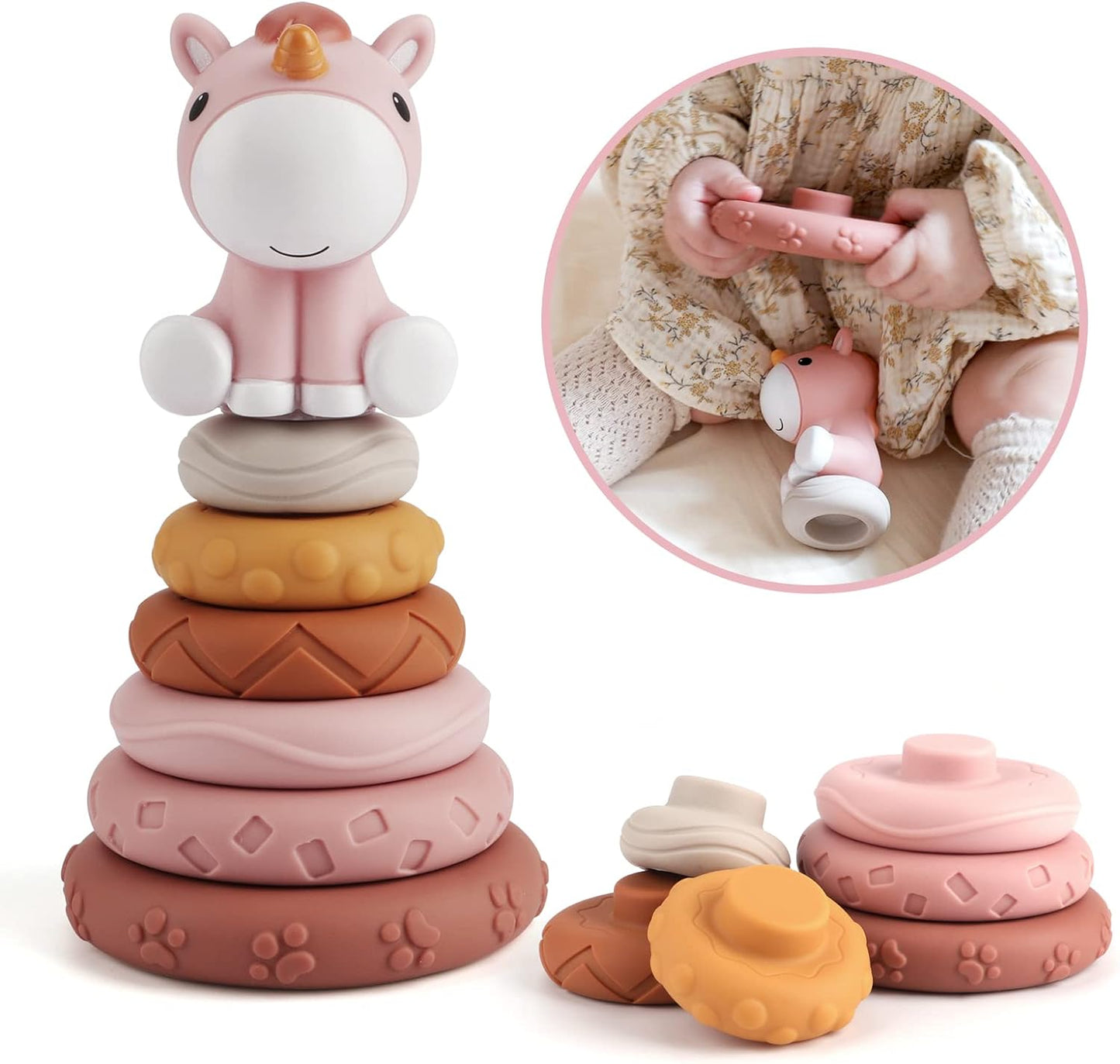 Nueplay 7 Pcs Stacking & Nesting Baby Toys, Squeeze Teething Baby Toys and Building Circle with Pink Horse Figure, Newborn Essentials for 6 12 18 Months Baby Toddler Girls