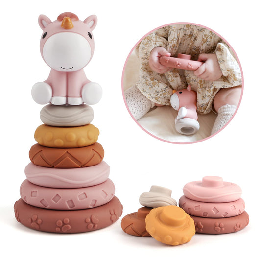 Nueplay 7 Pcs Stacking & Nesting Baby Toys, Squeeze Teething Baby Toys and Building Circle with Pink Horse Figure, Newborn Essentials for 6 12 18 Months Baby Toddler Girls