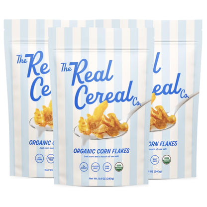 The Real Cereal Company, Organic Corn Flakes Cereal 3-Pack, Zero Sugar, Gluten-free, Non-GMO, Made in California