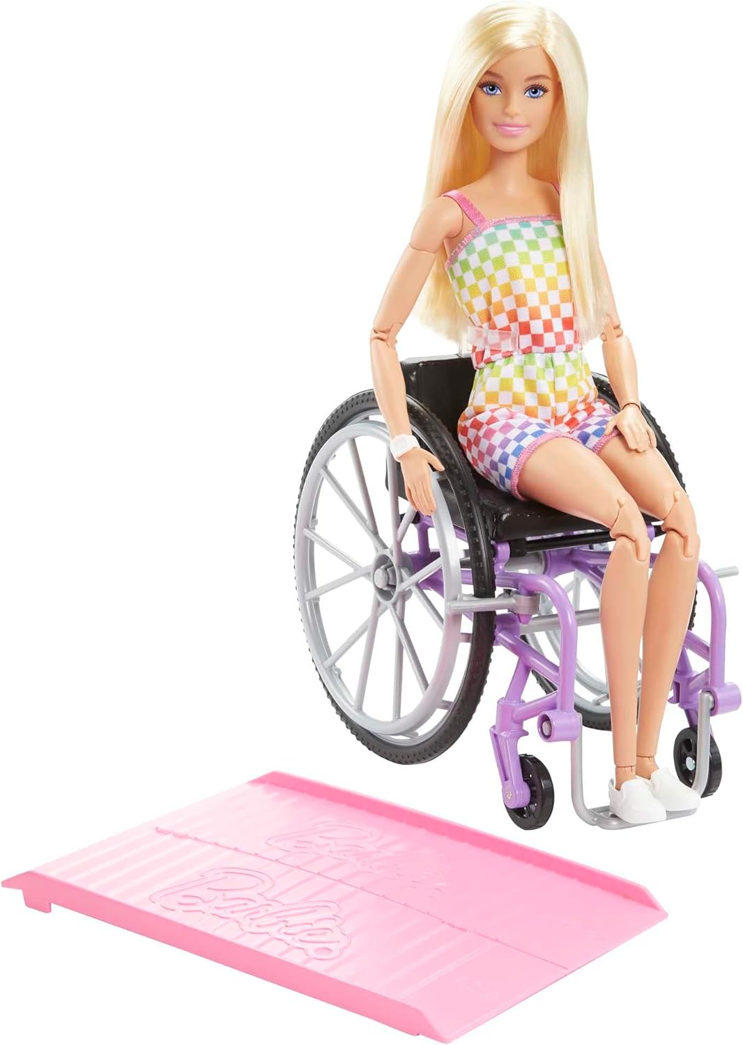 Barbie Doll with Wheelchair and Ramp, Kids Toys, Blonde, Barbie Fashionistas, Rainbow Romper, Clothes and Accessories