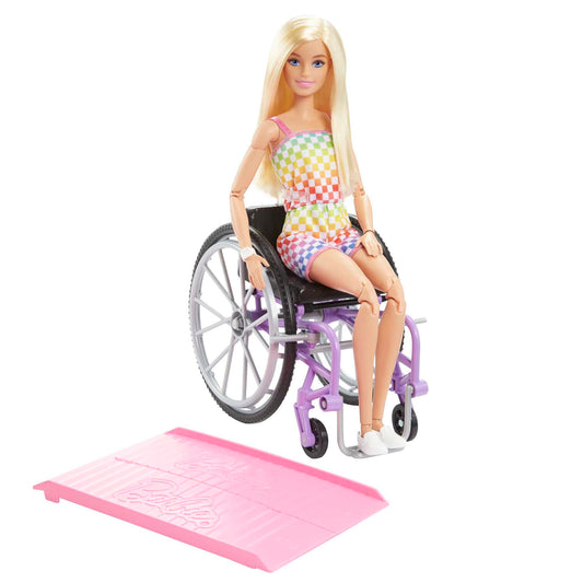 Barbie Doll with Wheelchair and Ramp, Kids Toys, Blonde, Barbie Fashionistas, Rainbow Romper, Clothes and Accessories